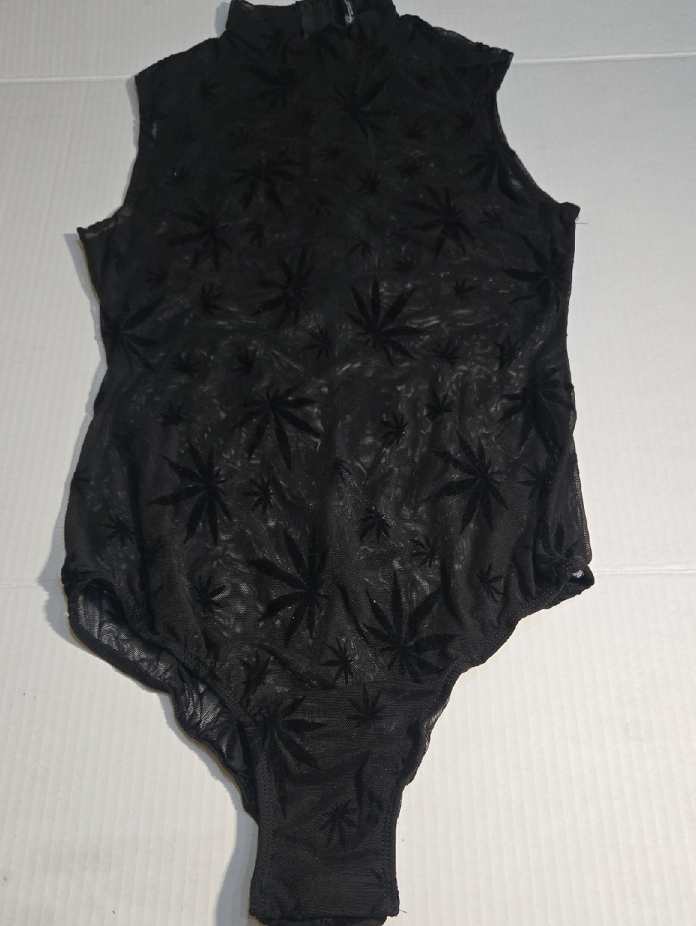 Black Sleeveless Mesh Bodysuit with Textured Star Motif Nwot Medium Hemp Plants